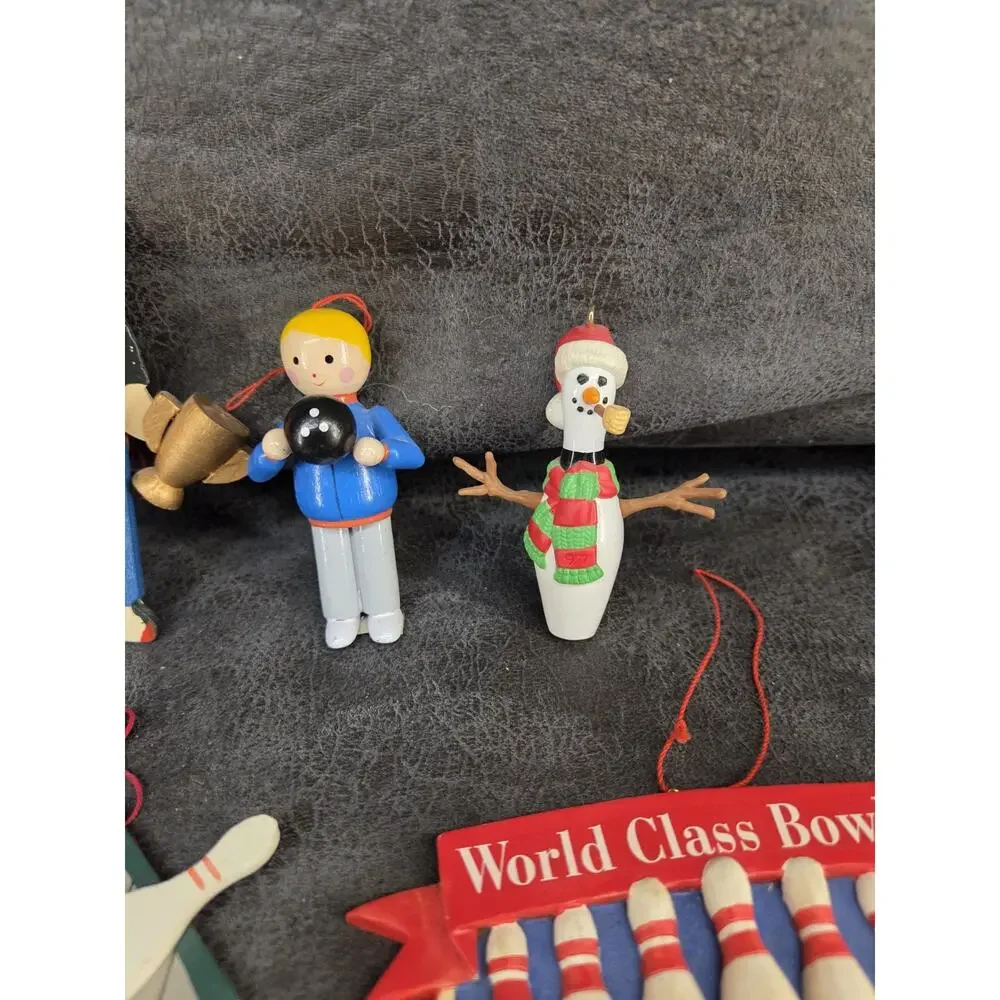 Vintage Bowling Christmas Ornament Lot Wooden Wood Snowman World Class Bowler...